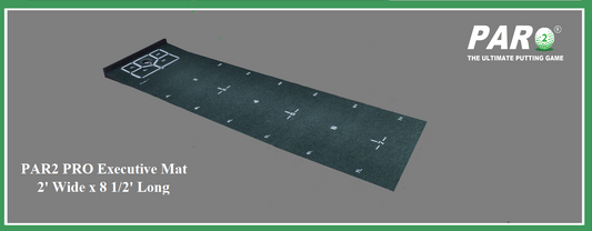 PAR2 PRO Executive. Perfect for Smaller Spaces. This extra wide mat measures 2 feet x 8 1/2 feet with 18 Marked Putting Positions for practicing putts up to 7'.