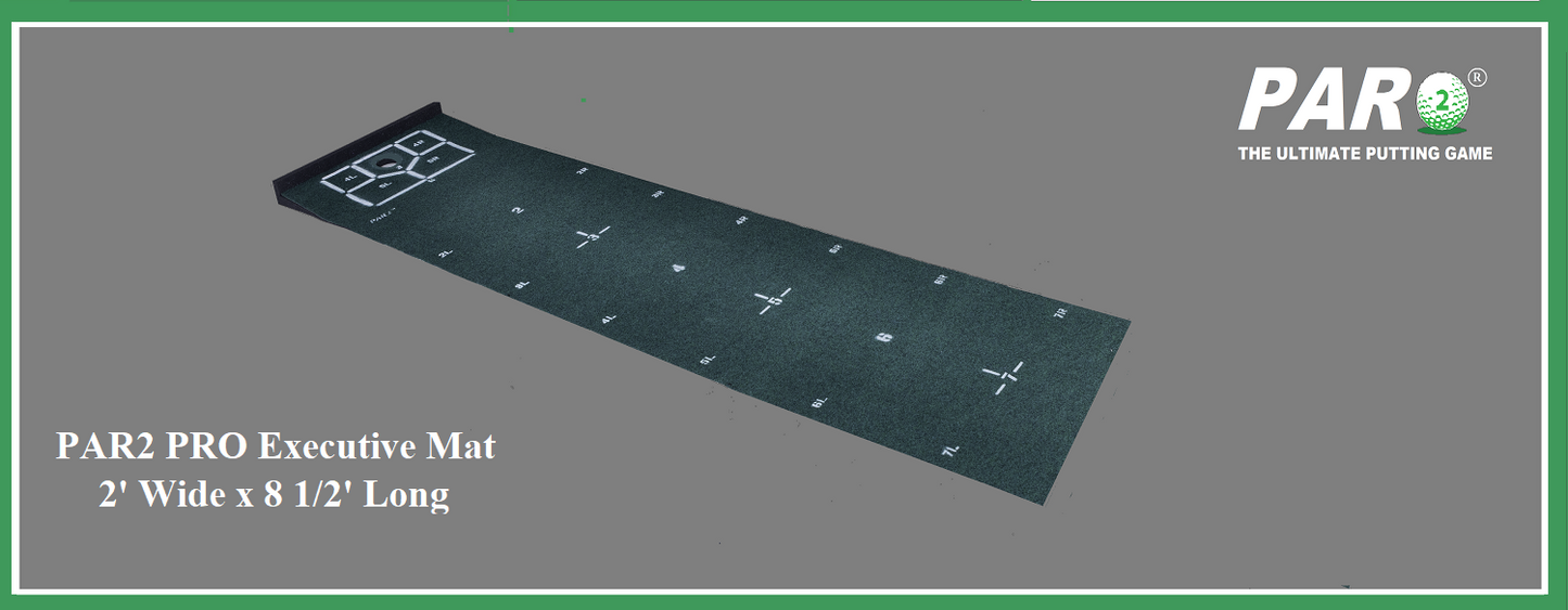 PAR2 PRO Executive. Perfect for Smaller Spaces. This extra wide mat measures 2 feet x 8 1/2 feet with 18 Marked Putting Positions for practicing putts up to 7'.