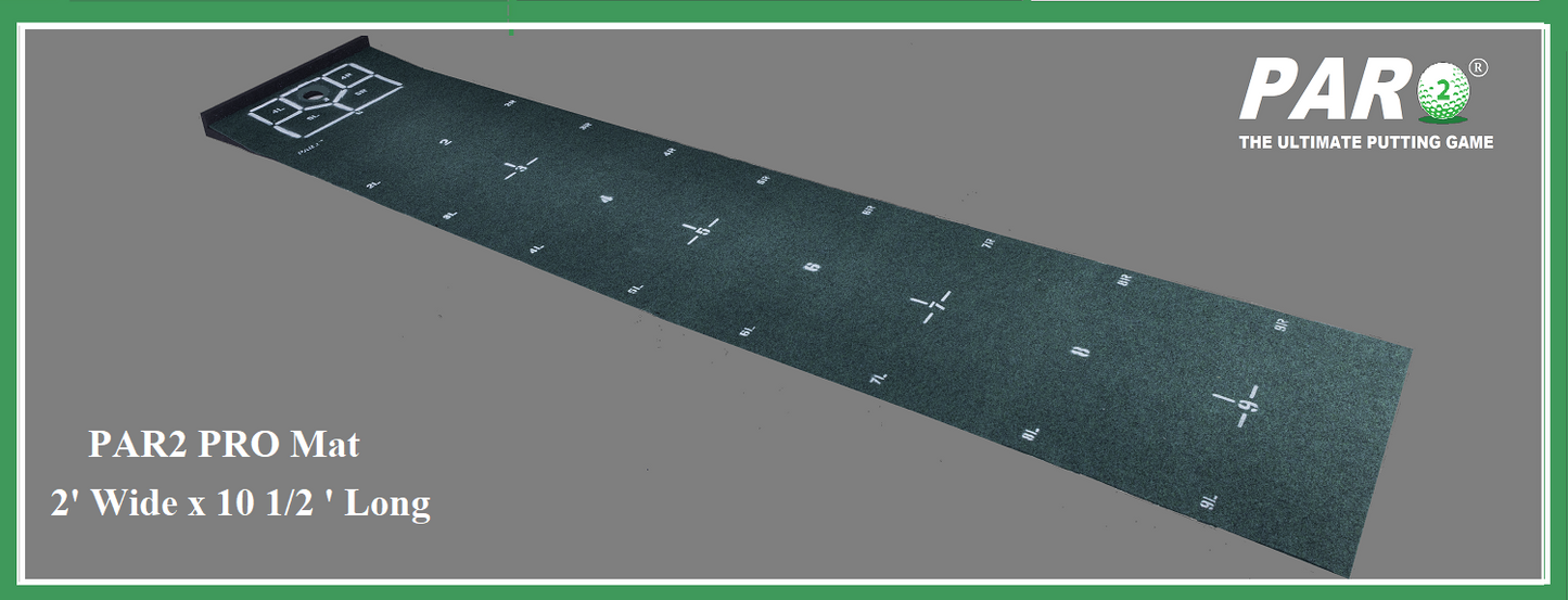 PAR2 PRO -This extra wide mat measures 2 feet x 10  1/2 feet with 24 Marked Putting Positions for practicing Putts up to 9' .